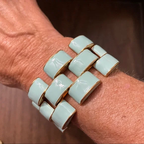 J Crew Enamel Light Blue Gold Flat Link Wide Cuff Bracelet - Picture 1 of 6